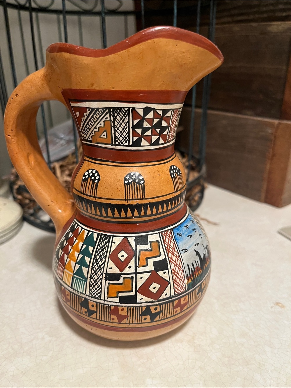 Hand-Painted Terracotta Decorative Pitcher in Earth Tones